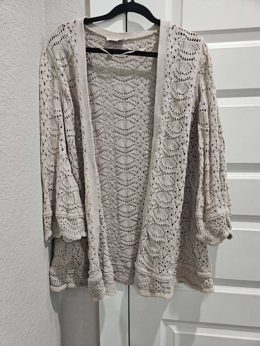 LOFT Open-Knit Scalloped-Edge Cardigan in Light Beige